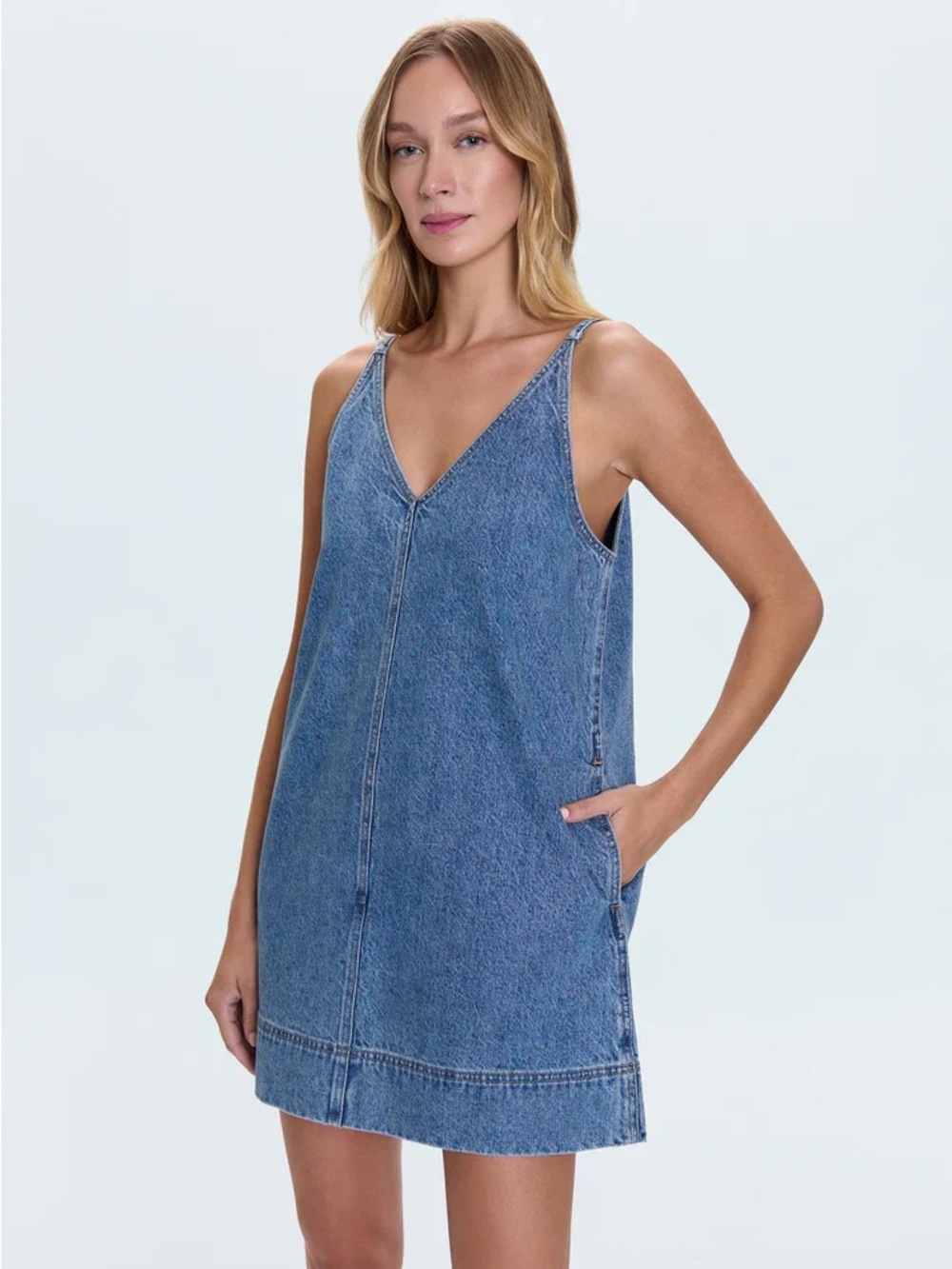 pistola Washed Blue Denim V-Neck Shift Mini Dress